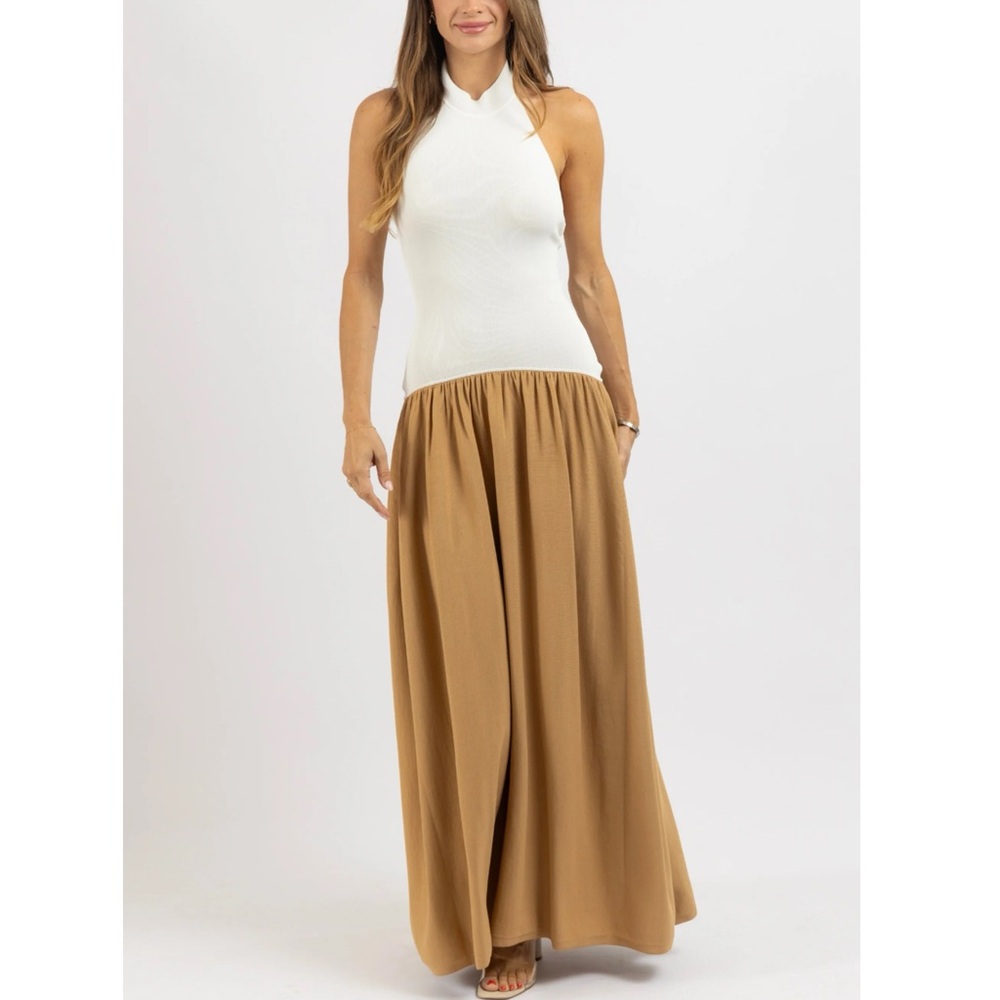 Elegant Tan and White Maxi Dress